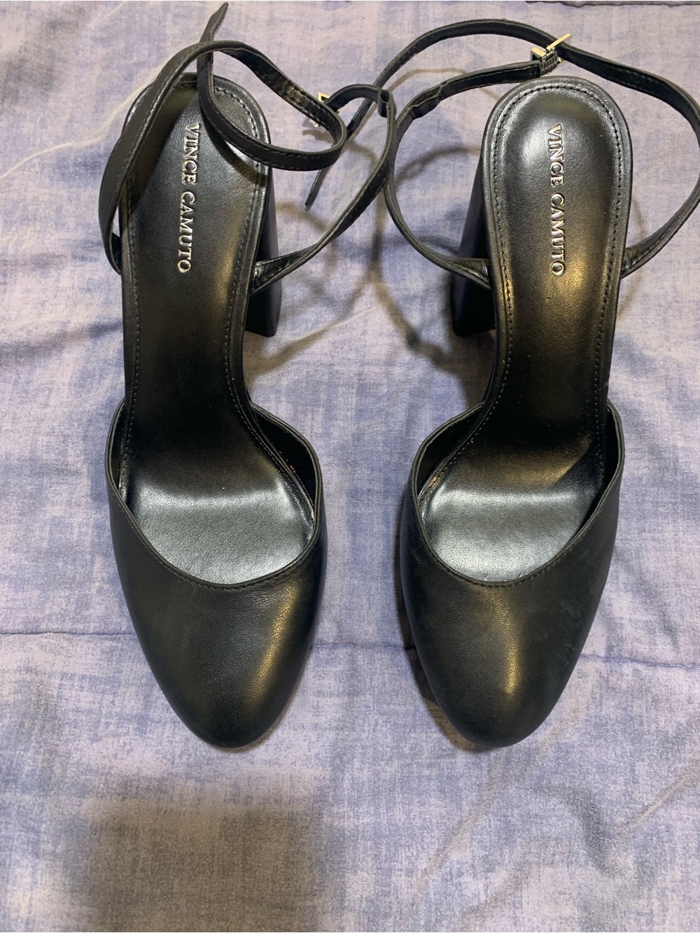 Vince Camuto Black Leather Strappy Block Heel Pumps